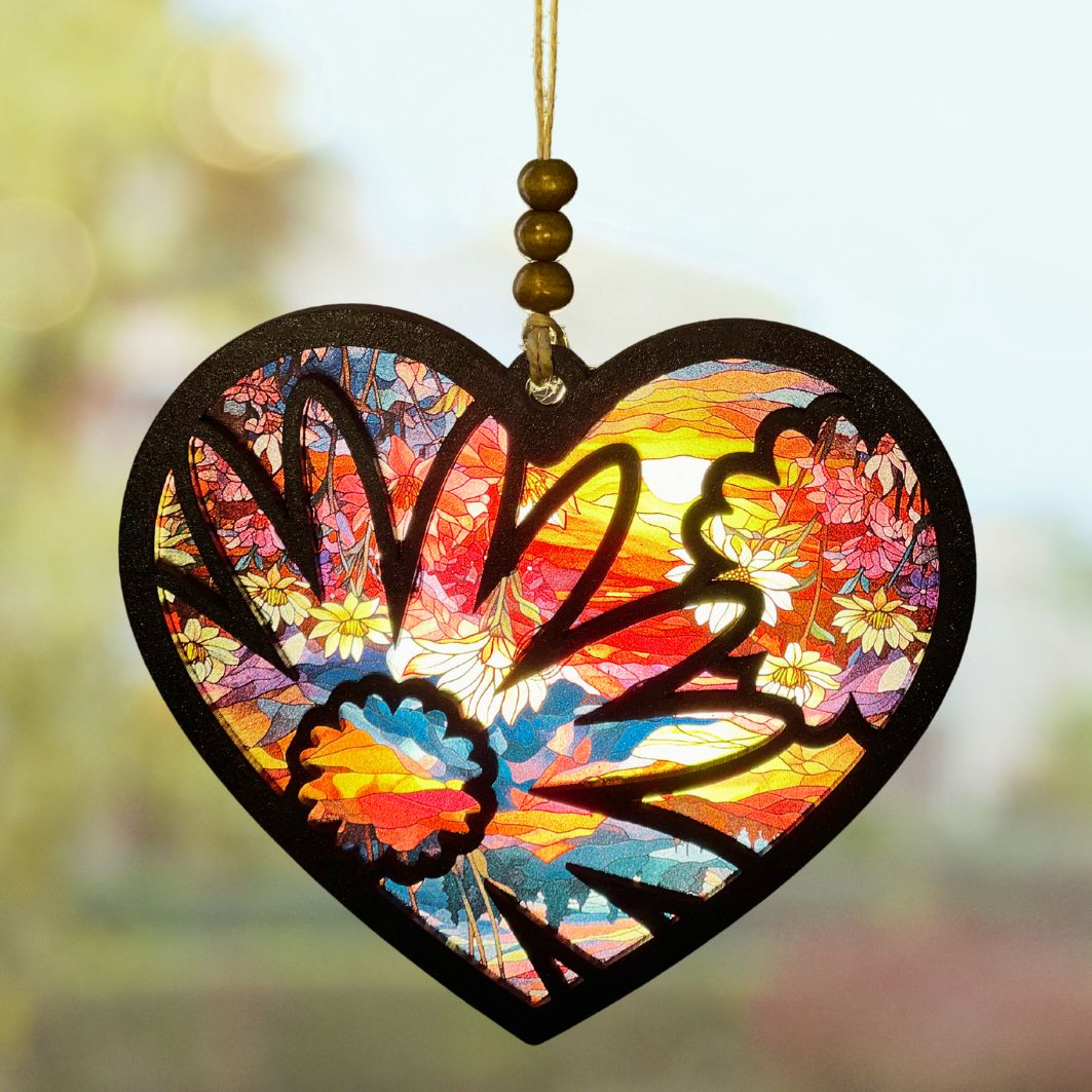Suncatcher - Heart and Flower Silhouettes with Floral Sunrise Background