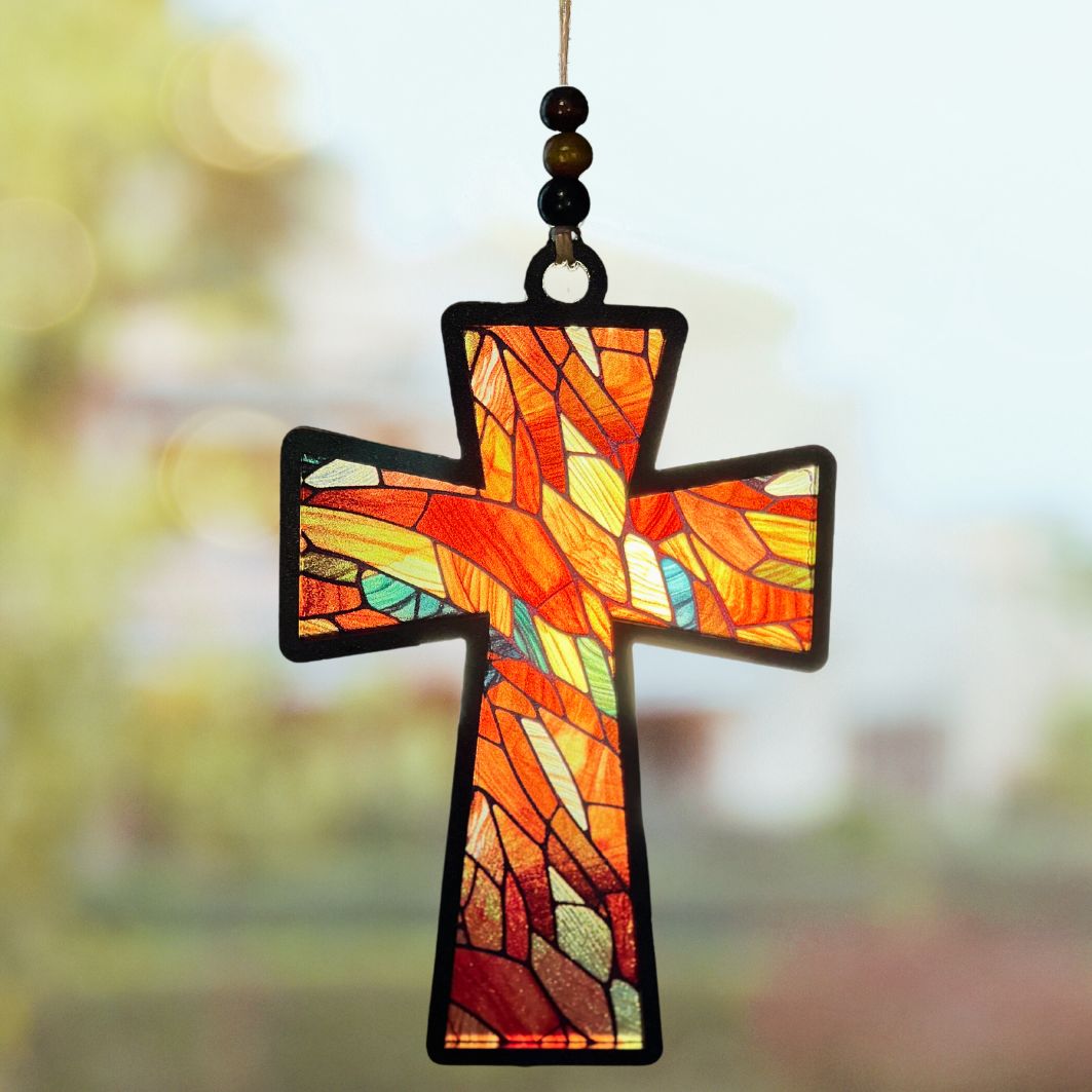 Suncatcher - Cross with Abstract Stained Glass-Patterned Background