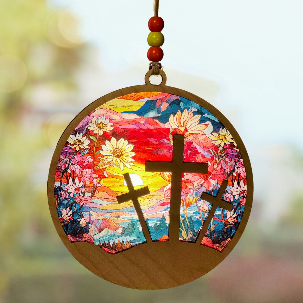 Suncatcher - Three Crosses with Floral Sunrise Background