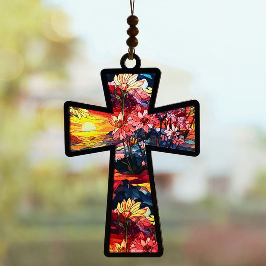 Suncatcher - Cross with Floral Sunset Background