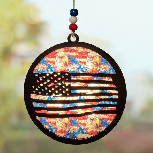 Suncatcher - Distressed USA Flag with Red, White, Blue, and Eagles Background