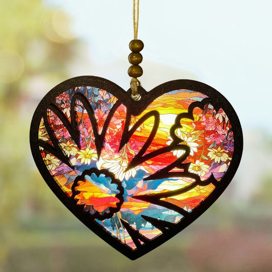 Suncatcher - Heart and Flower Silhouettes with Floral Sunrise Background