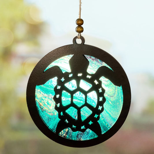 Suncatcher - Sea Turtle with Shimmering Aqua Wave Background