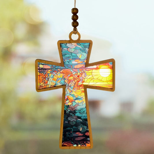 Suncatcher - Cross with Stained Glass Sunrise Background