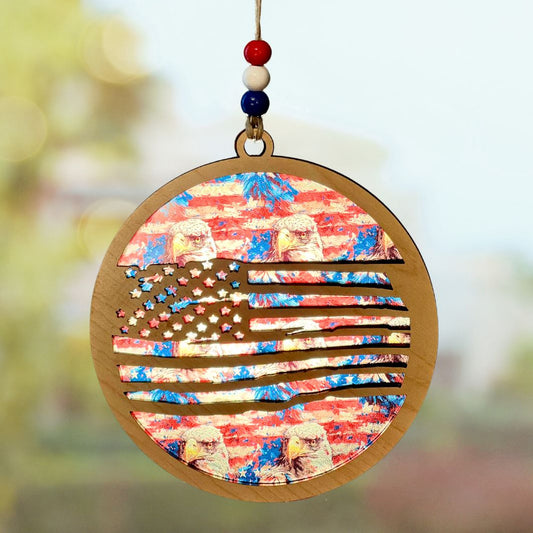 Suncatcher - Distressed USA Flag with Red, White, Blue, and Eagles Background