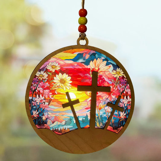Suncatcher - Three Crosses with Floral Sunrise Background