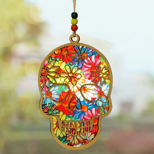 Suncatcher - Sugar Skull with Colorful Daisies Background
