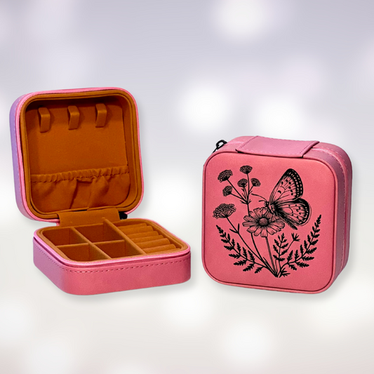 Travel Jewelry Box - Butterfly Resting on a Flower Design
