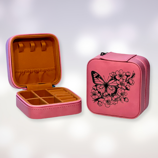 Travel Jewelry Box - Butterfly Among Flowers Design