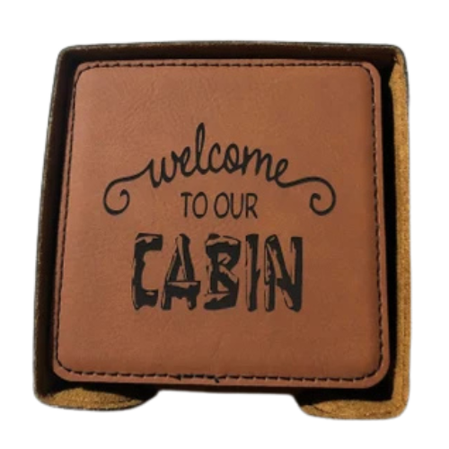 "Welcome to Our Cabin" Set of 6 Faux Leather Coasters