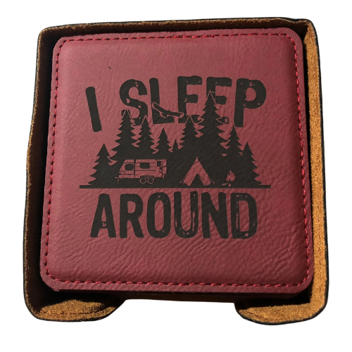 "I Sleep Around" Set of 6 Camping-Themed Faux Leather Coasters
