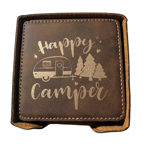 "Happy Camper" Set of 6 Faux Leather Coasters
